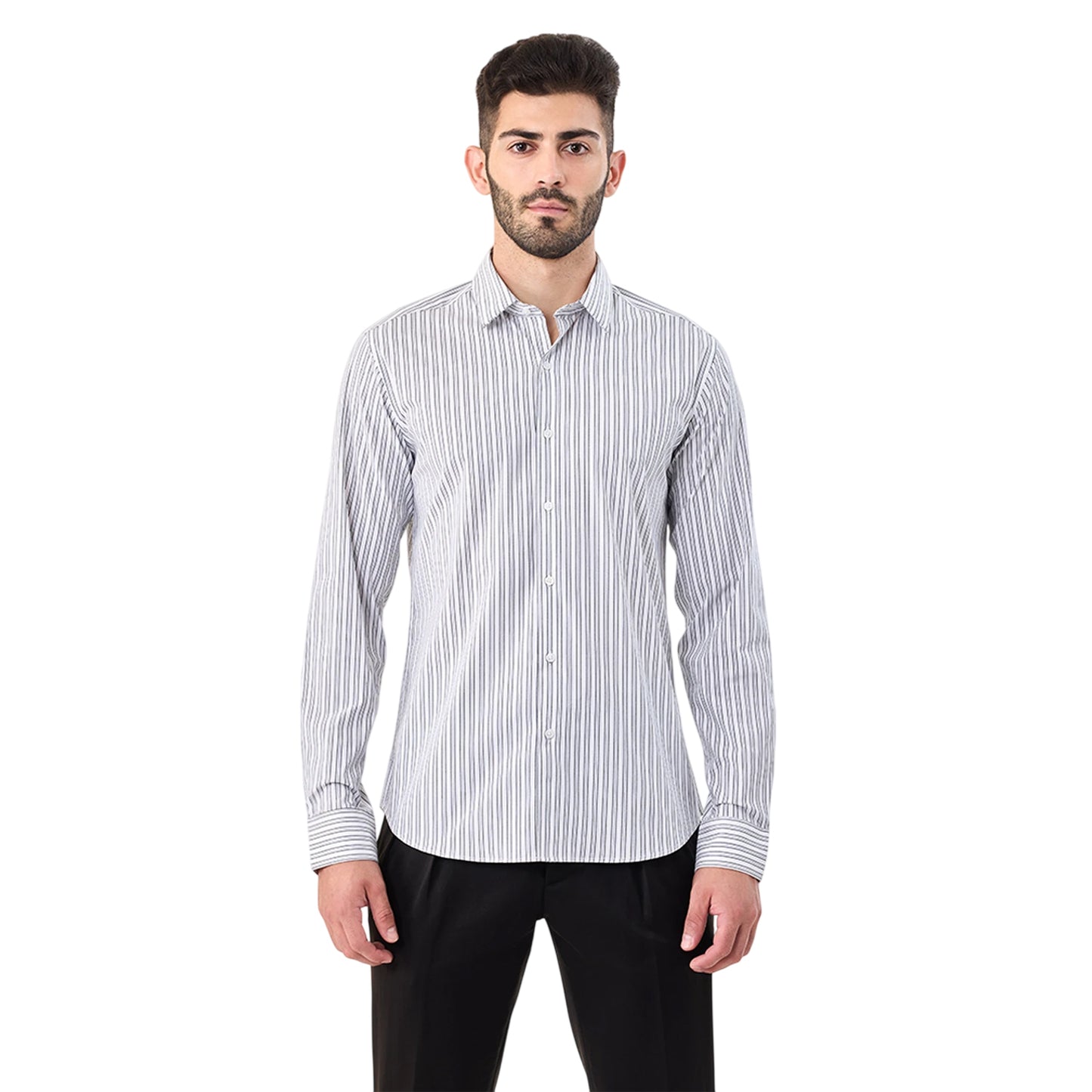 Medium Grey - Front - Boss Mens Striped Point Collar Regular Long-Sleeved Shirt
