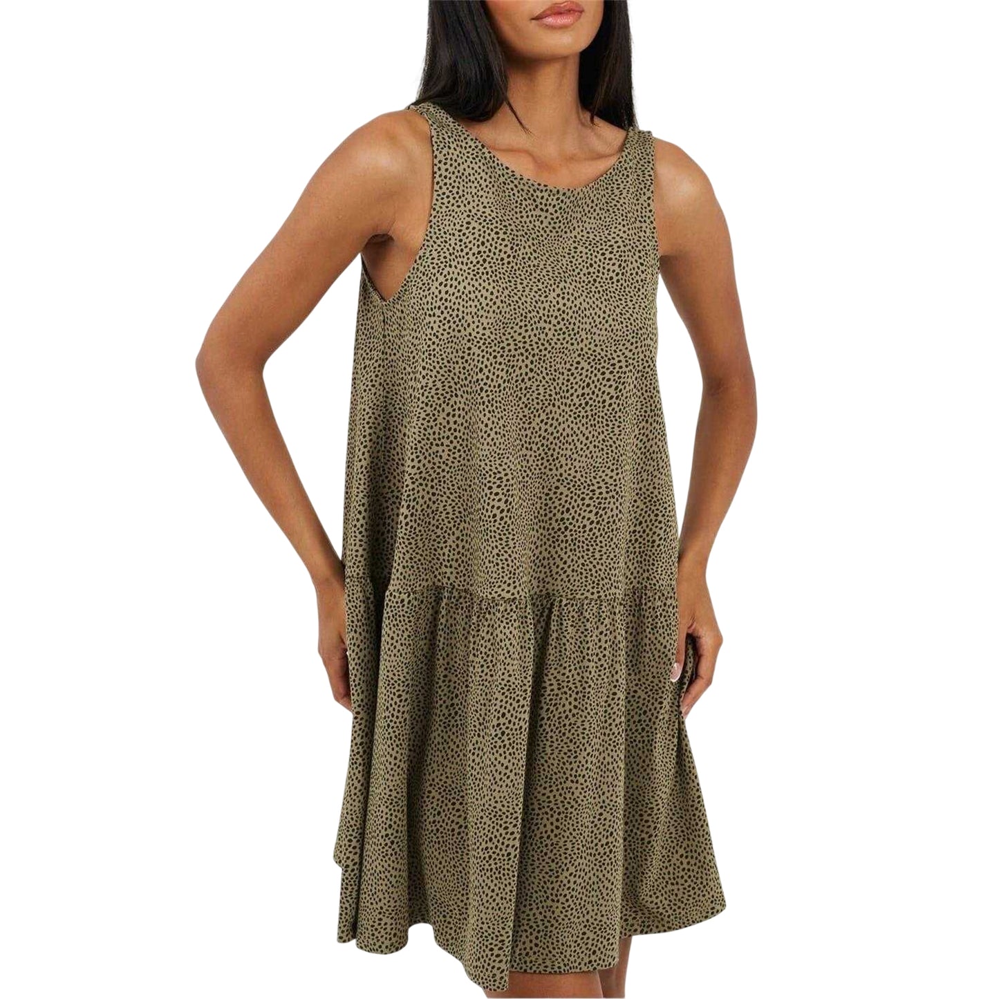 Khaki-Black - Front - Brave Soul Womens-Ladies Tiered V Neck Sleeveless Mini Dress