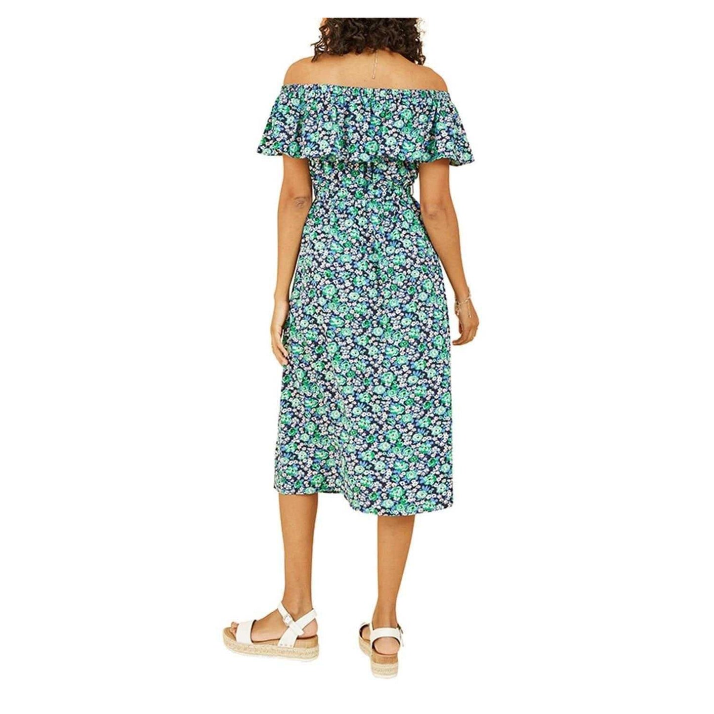 Green - Back - Yumi Womens-Ladies Ditsy Floral Off Shoulder Midi Dress