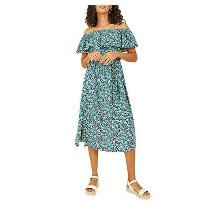 Green - Side - Yumi Womens-Ladies Ditsy Floral Off Shoulder Midi Dress