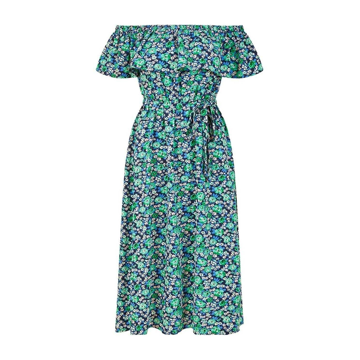 Green - Front - Yumi Womens-Ladies Ditsy Floral Off Shoulder Midi Dress