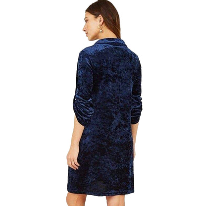 Navy - Back - Yumi Womens-Ladies Crushed Velvet Roll Sleeve Tunic Dress