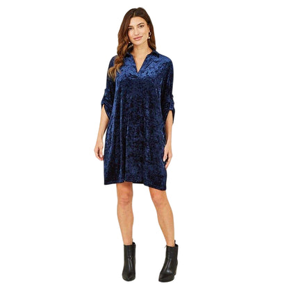 Navy - Side - Yumi Womens-Ladies Crushed Velvet Roll Sleeve Tunic Dress