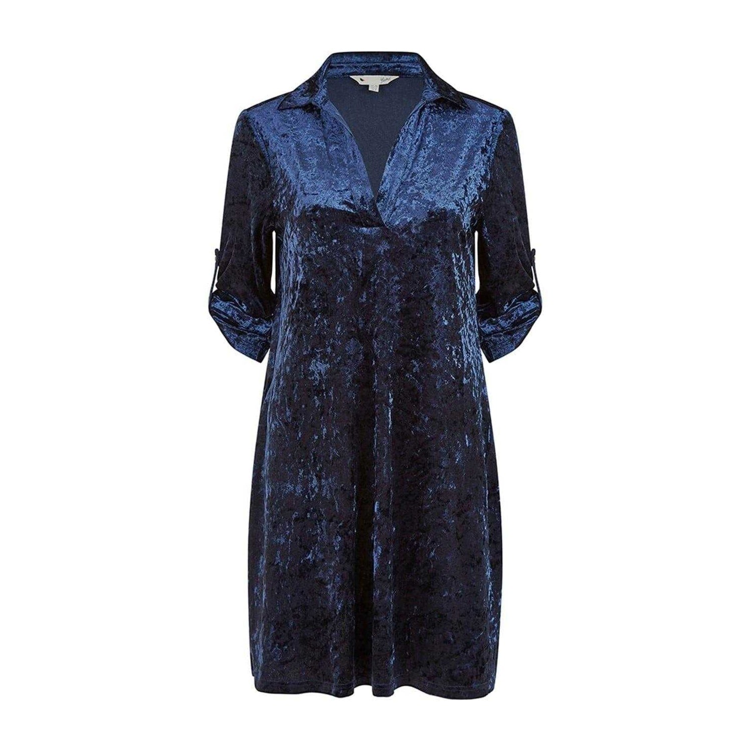 Navy - Front - Yumi Womens-Ladies Crushed Velvet Roll Sleeve Tunic Dress