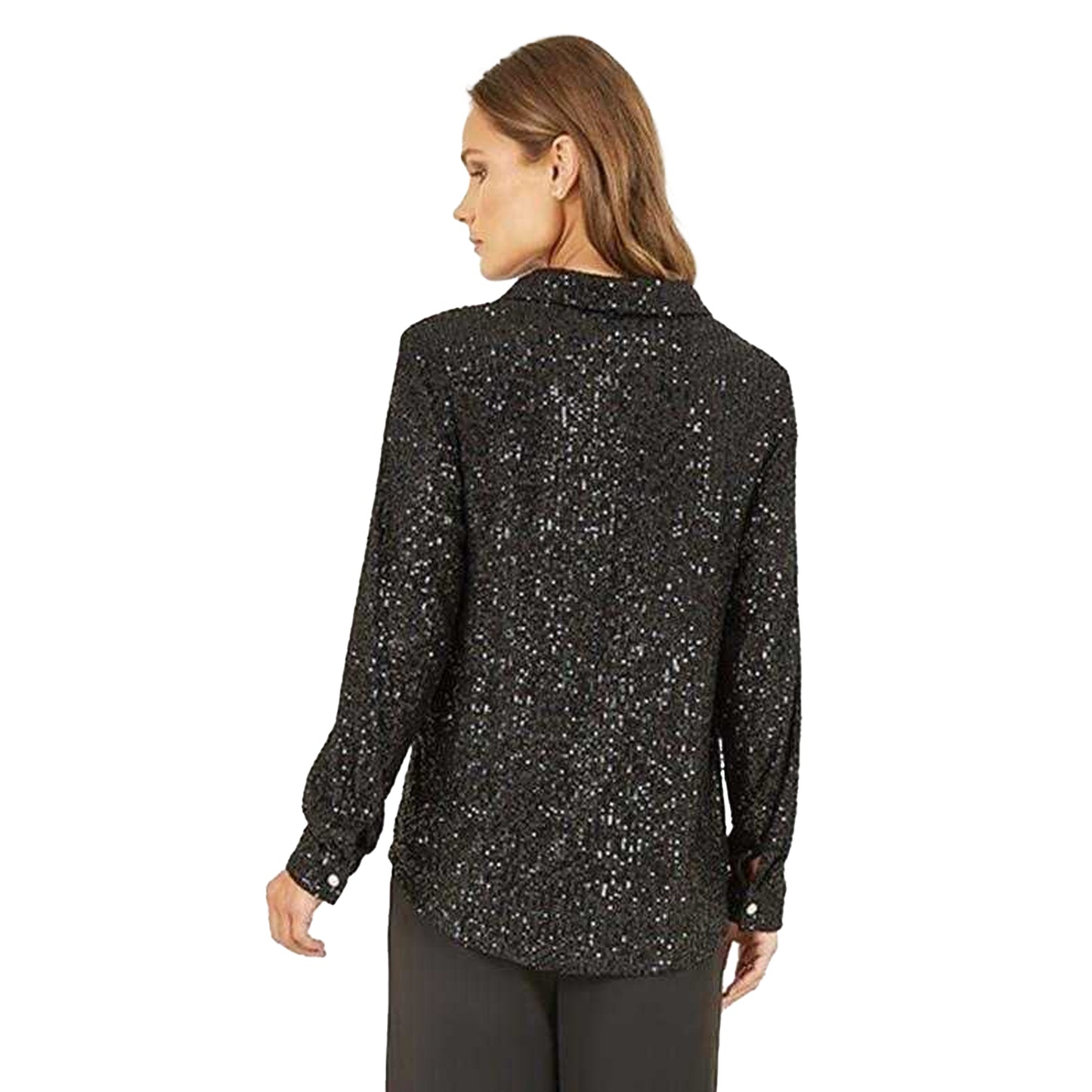 Black - Back - Yumi Womens-Ladies Sequin Regular Long-Sleeved Shirt
