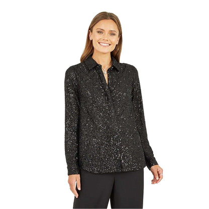 Black - Side - Yumi Womens-Ladies Sequin Regular Long-Sleeved Shirt