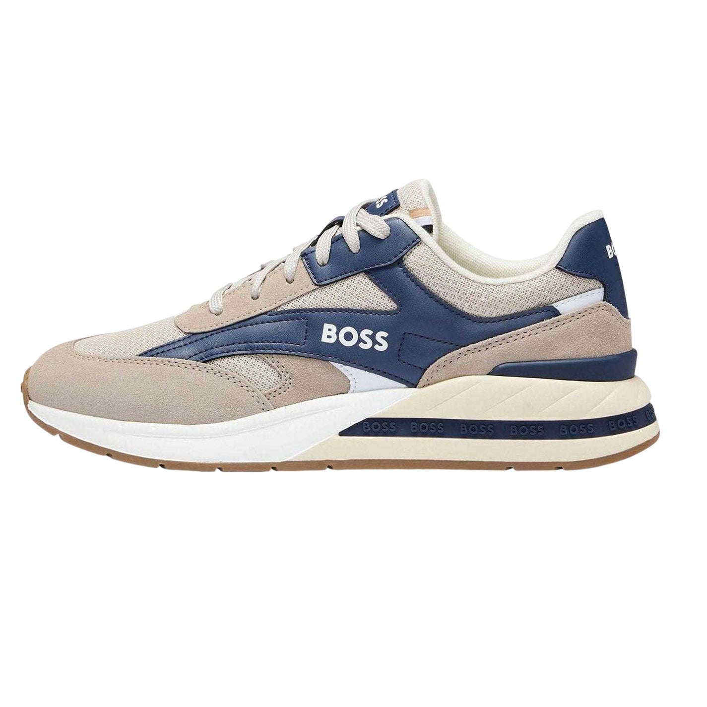 Beige - Side - Boss Mens Kurt Runn Leather Trainers