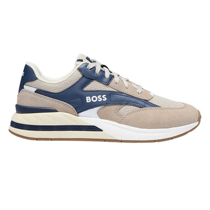 Beige - Front - Boss Mens Kurt Runn Leather Trainers