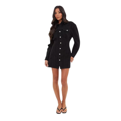 Black - Side - I Saw It First Womens-Ladies Denim Mini Shirt Dress