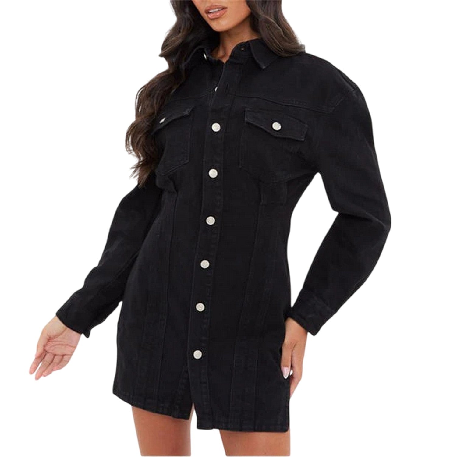 Black - Front - I Saw It First Womens-Ladies Denim Mini Shirt Dress