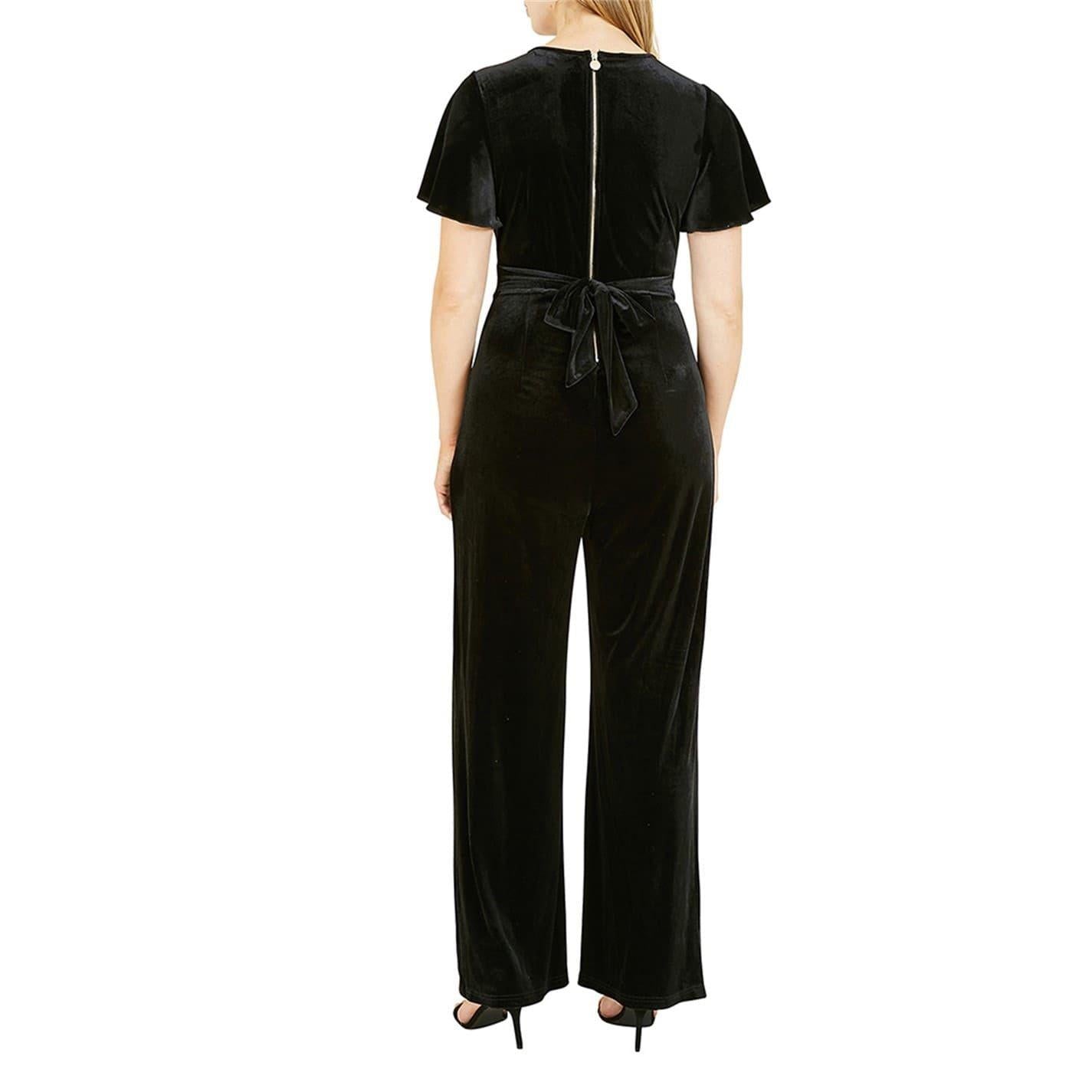 Black - Back - Yumi Womens-Ladies Wrap Velvet V Neck Angel Sleeve Jumpsuit