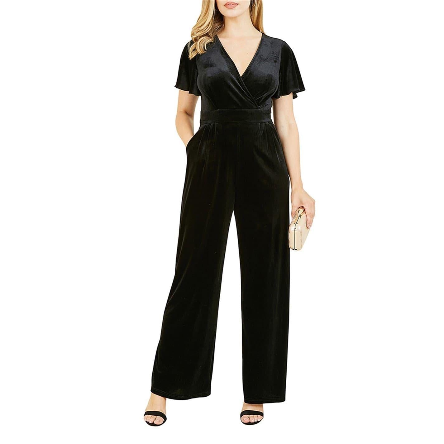 Black - Side - Yumi Womens-Ladies Wrap Velvet V Neck Angel Sleeve Jumpsuit