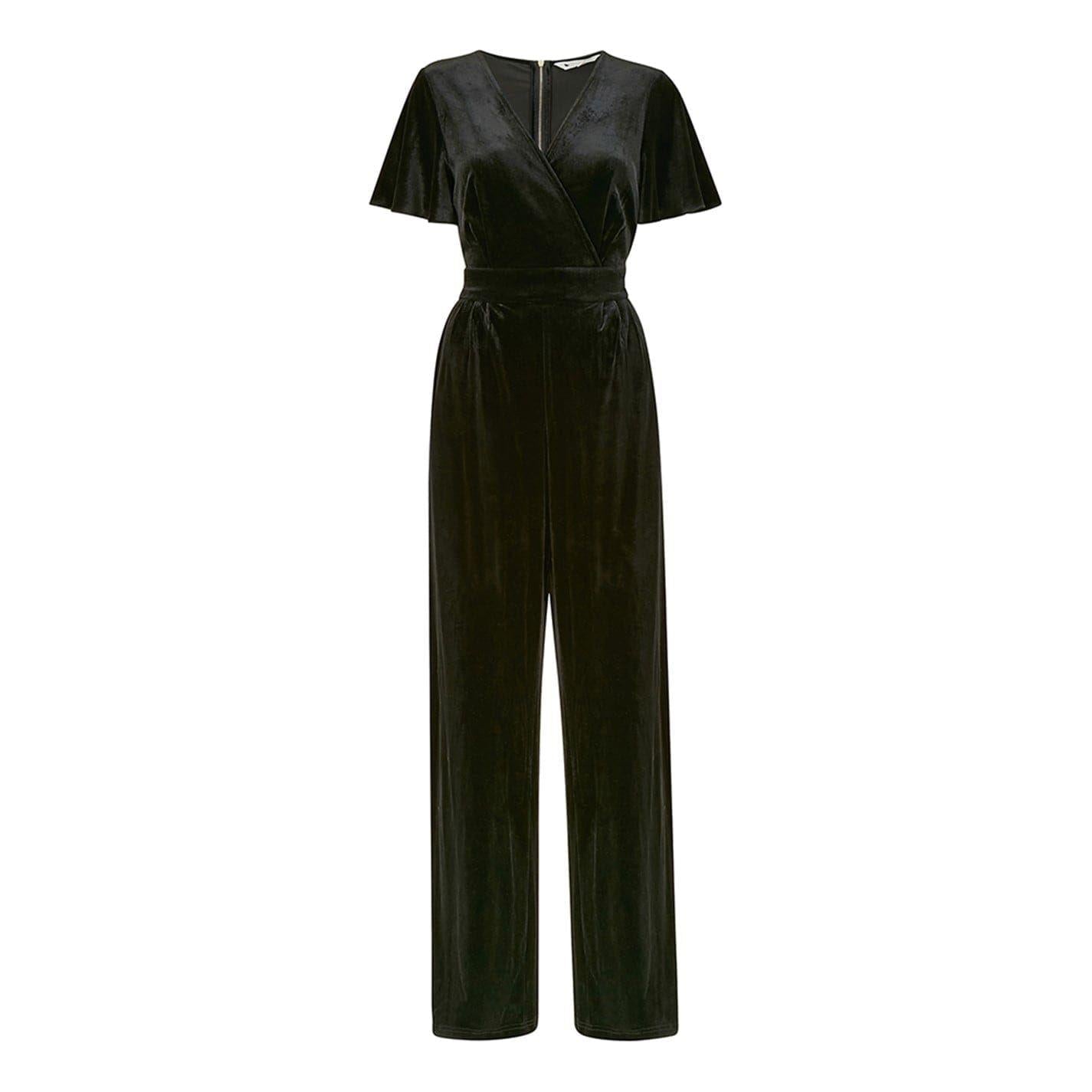 Black - Front - Yumi Womens-Ladies Wrap Velvet V Neck Angel Sleeve Jumpsuit