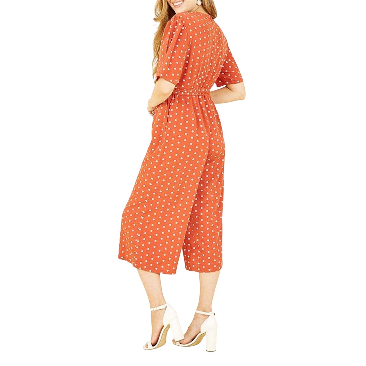 Burnt Orange - Back - Yumi Womens-Ladies Polka Dot Relaxed Fit Jumpsuit