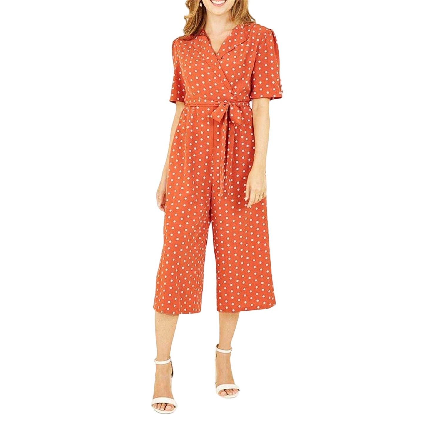 Burnt Orange - Side - Yumi Womens-Ladies Polka Dot Relaxed Fit Jumpsuit