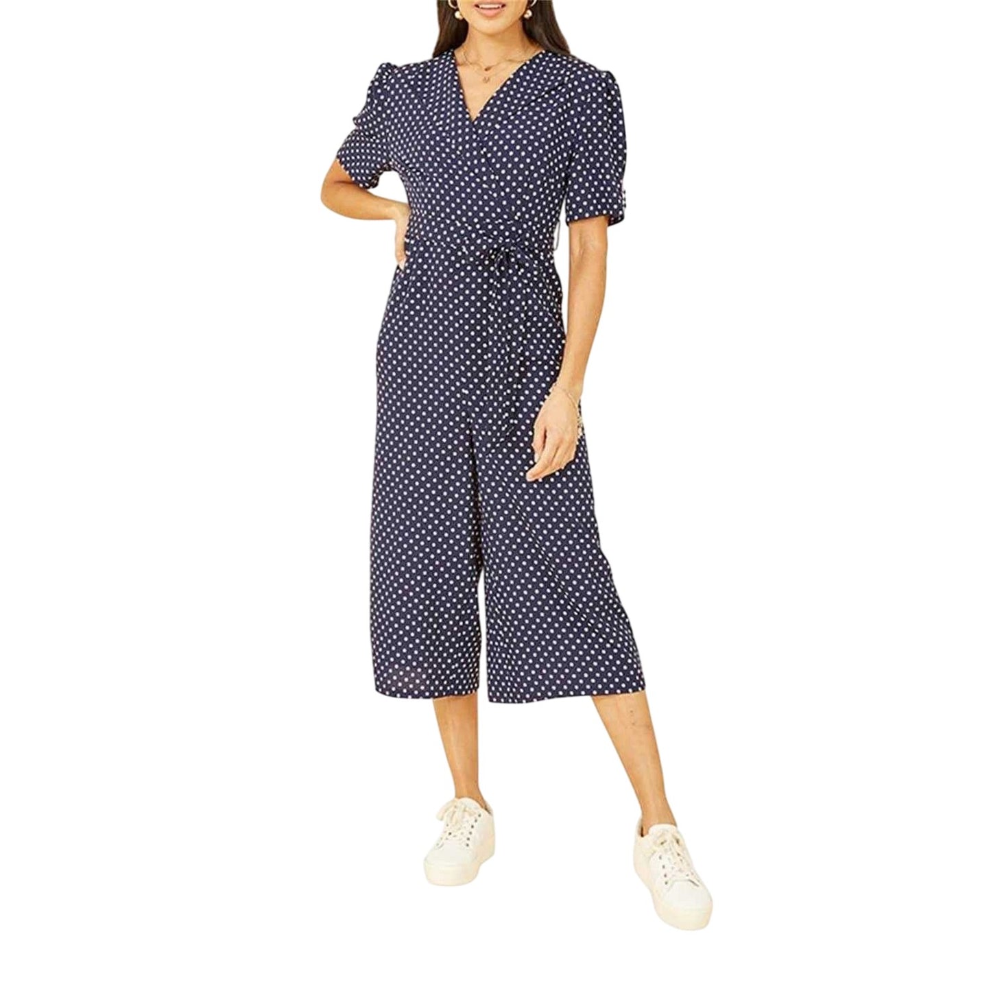 Navy - Back - Yumi Womens-Ladies Polka Dot Relaxed Fit Jumpsuit
