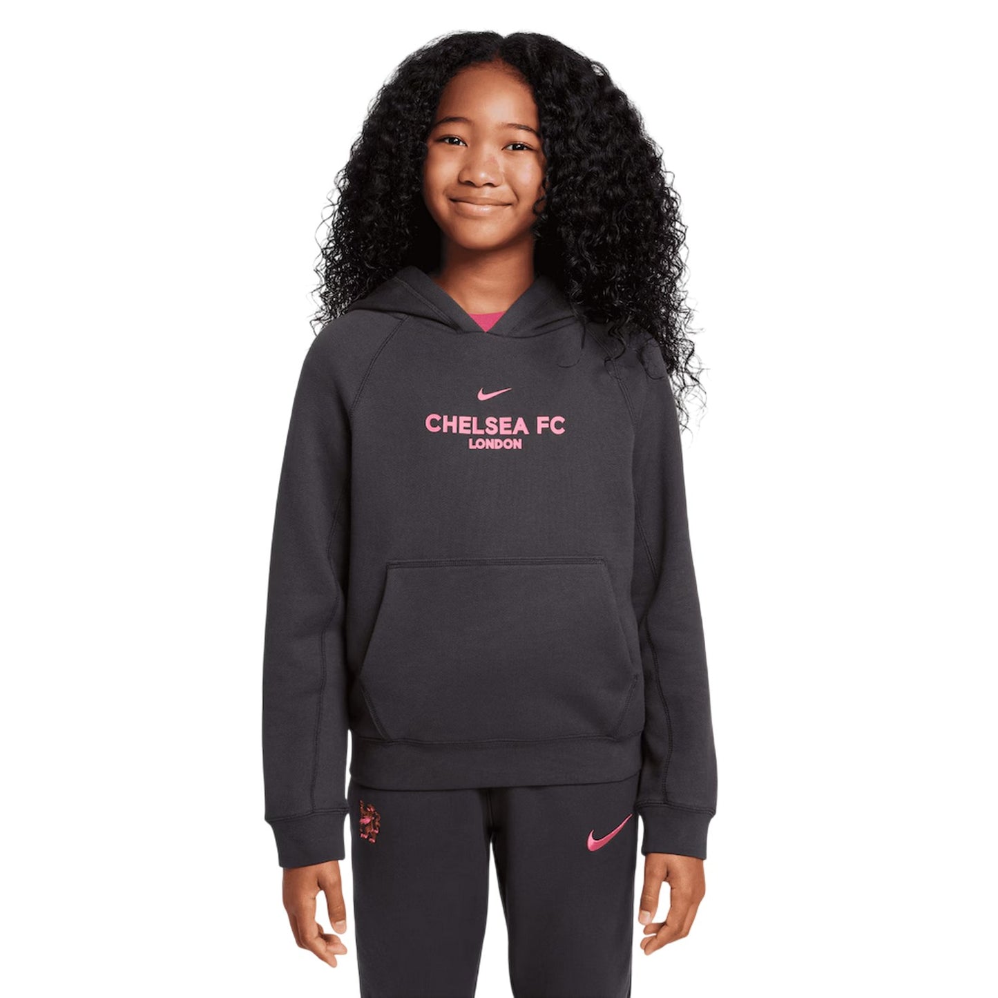 Anthracite-Pink - Front - Nike Childrens-Kids Third Chelsea FC Cotton Kangaroo Pocket Pullover Hoodie