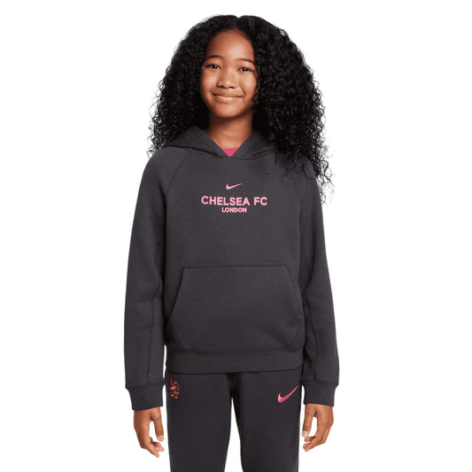 Anthracite-Pink - Front - Nike Childrens-Kids Third Chelsea FC Cotton Kangaroo Pocket Pullover Hoodie