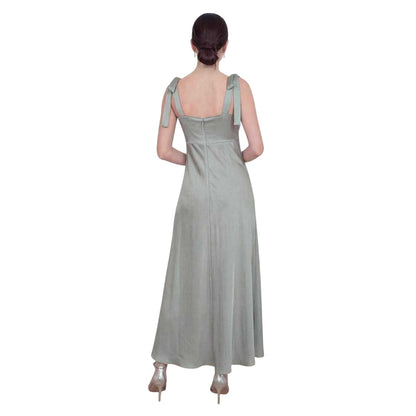 Sage Green - Back - Deluxe Womens-Ladies Satin Tie Shoulder Bridesmaid Maxi Dress