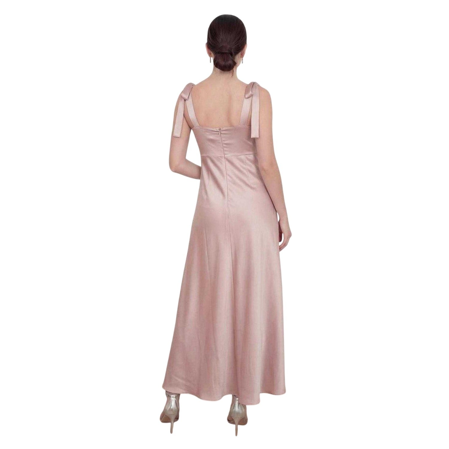 Soft Pink - Back - Deluxe Womens-Ladies Satin Tie Shoulder Bridesmaid Maxi Dress