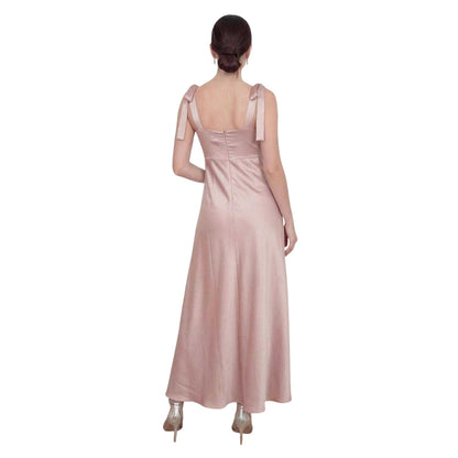 Soft Pink - Back - Deluxe Womens-Ladies Satin Tie Shoulder Bridesmaid Maxi Dress