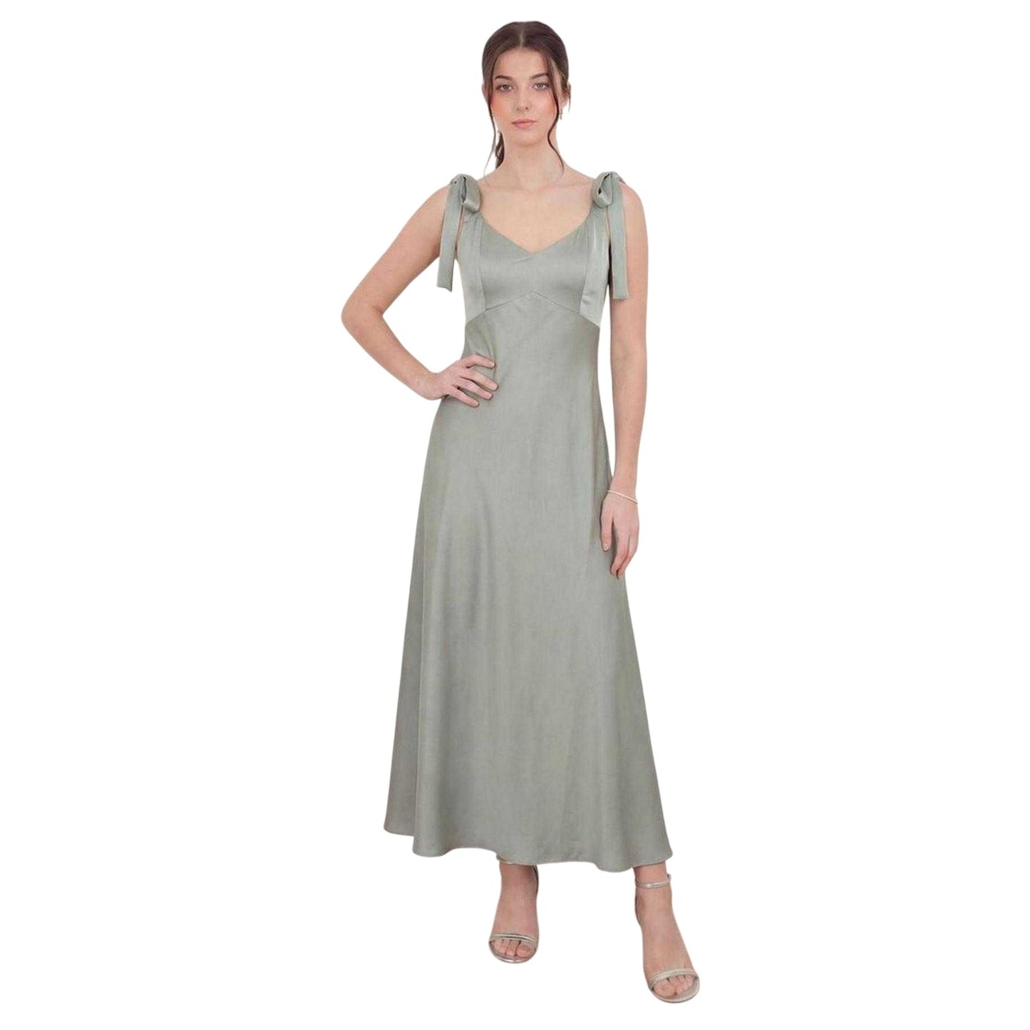 Sage Green - Front - Deluxe Womens-Ladies Satin Tie Shoulder Bridesmaid Maxi Dress