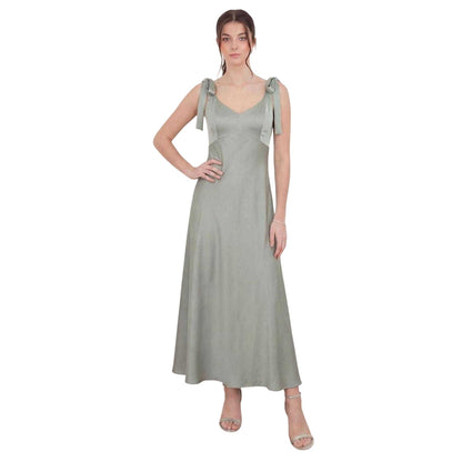 Sage Green - Front - Deluxe Womens-Ladies Satin Tie Shoulder Bridesmaid Maxi Dress