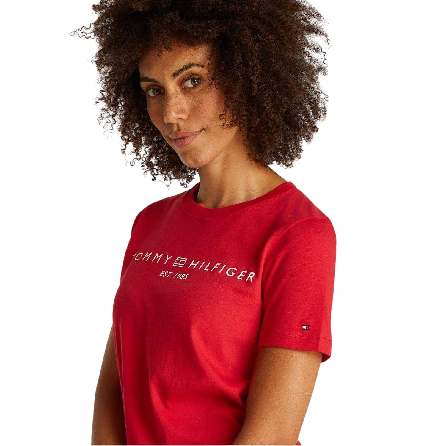 Primary Red - Side - Tommy Hilfiger Womens-Ladies Cropped Logo Cotton T-Shirt