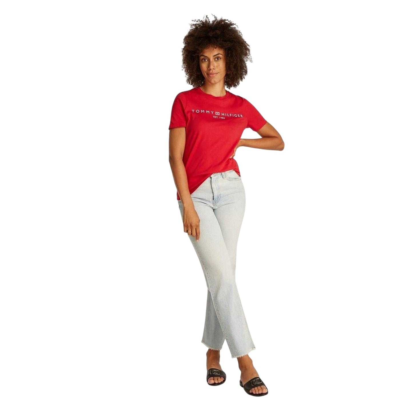 Primary Red - Lifestyle - Tommy Hilfiger Womens-Ladies Cropped Logo Cotton T-Shirt