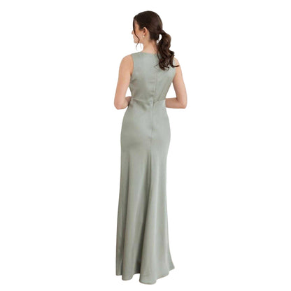 Sage Green - Back - Maya Deluxe Womens-Ladies Satin Open Back Bridesmaid Maxi Dress