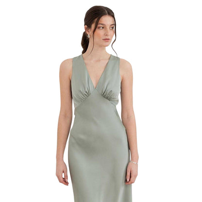 Sage Green - Side - Maya Deluxe Womens-Ladies Satin Open Back Bridesmaid Maxi Dress