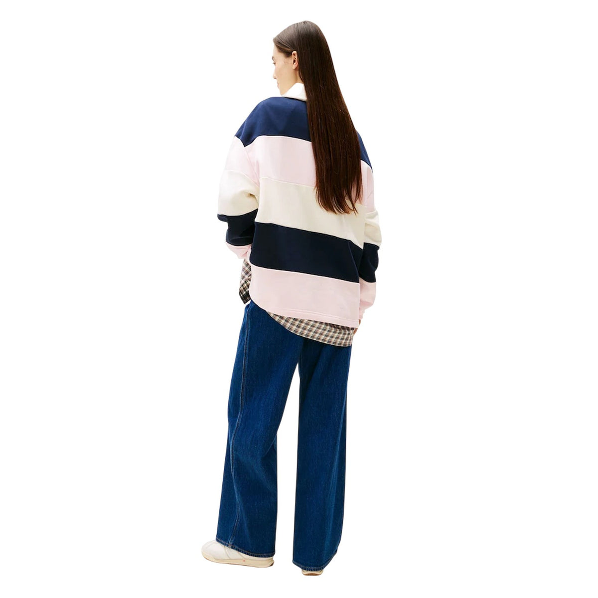 Light Pink-White-Black - Back - Tommy Jeans Womens-Ladies Badge Collared Oversized Rugby Shirt