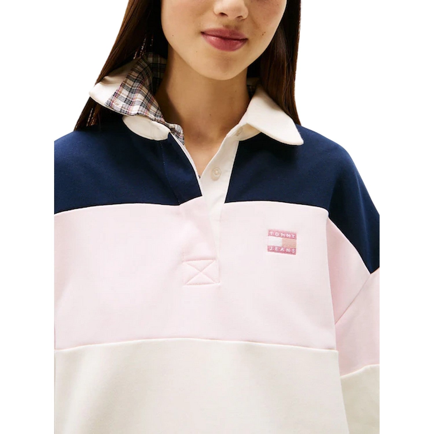 Light Pink-White-Black - Side - Tommy Jeans Womens-Ladies Badge Collared Oversized Rugby Shirt