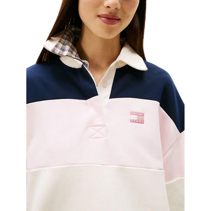 Light Pink-White-Black - Side - Tommy Jeans Womens-Ladies Badge Collared Oversized Rugby Shirt