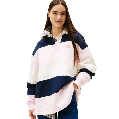 Light Pink-White-Black - Lifestyle - Tommy Jeans Womens-Ladies Badge Collared Oversized Rugby Shirt