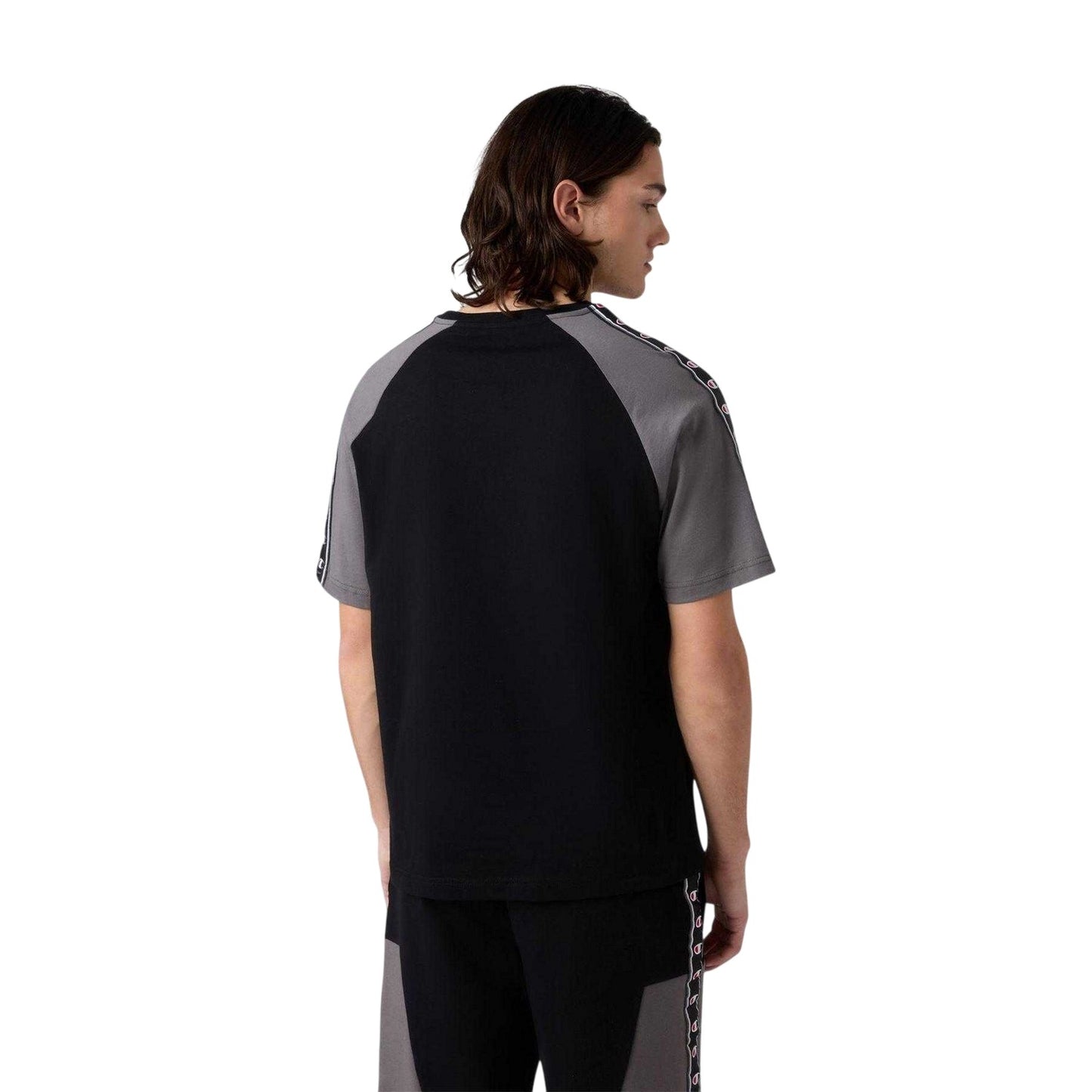 Black-Grey - Back - Champion Mens Tape Logo Raglan T-Shirt