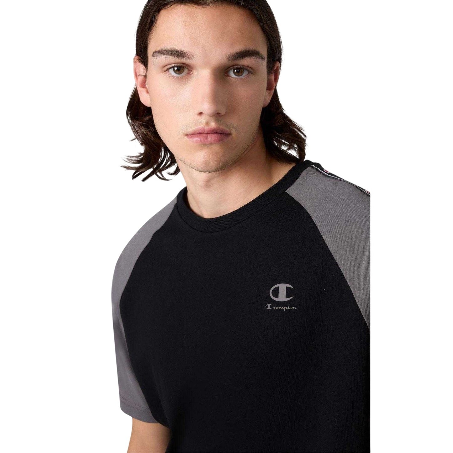 Black-Grey - Side - Champion Mens Tape Logo Raglan T-Shirt