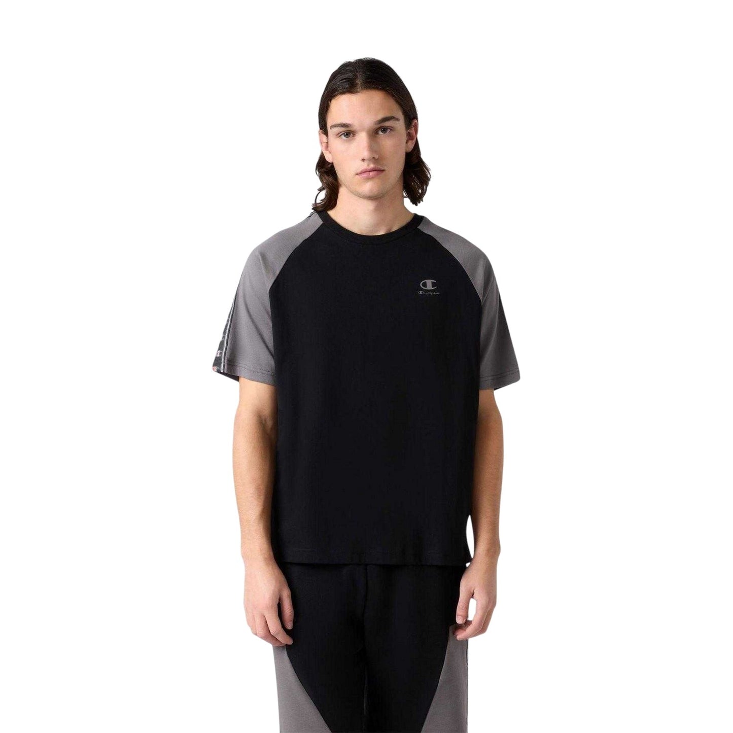 Black-Grey - Lifestyle - Champion Mens Tape Logo Raglan T-Shirt