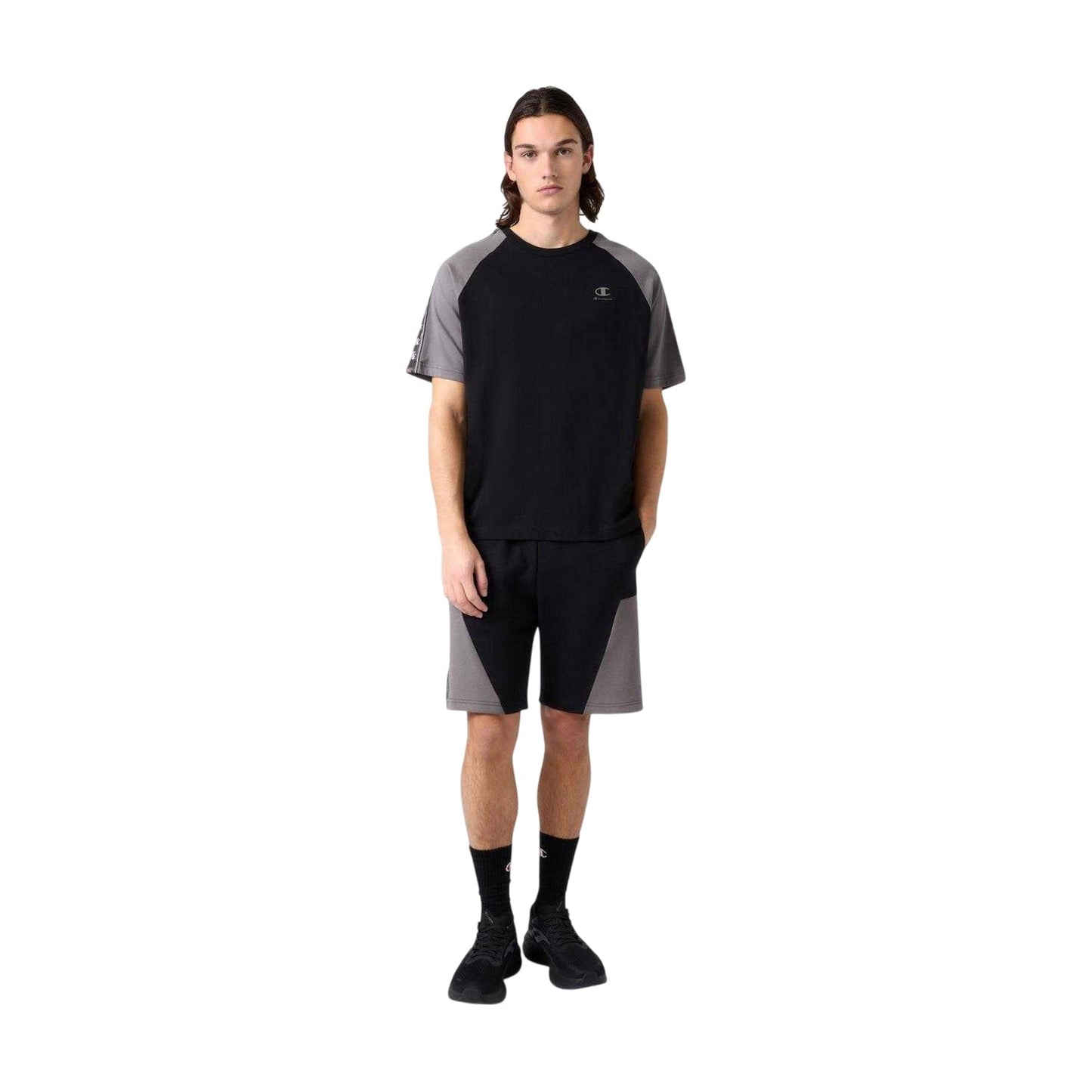 Black-Grey - Pack Shot - Champion Mens Tape Logo Raglan T-Shirt