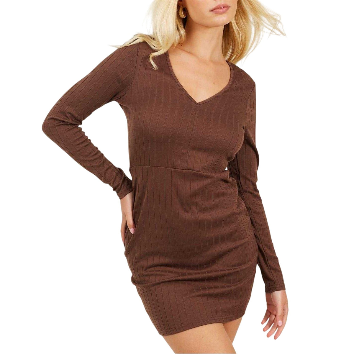 Taupe - Front - Brave Soul Womens-Ladies Long-Sleeved Mini Dress