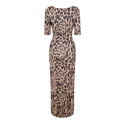 Brown - Back - Never Fully Dressed Womens-Ladies Leo Iris Square Neck 3-4 Sleeve Bodycon Dress