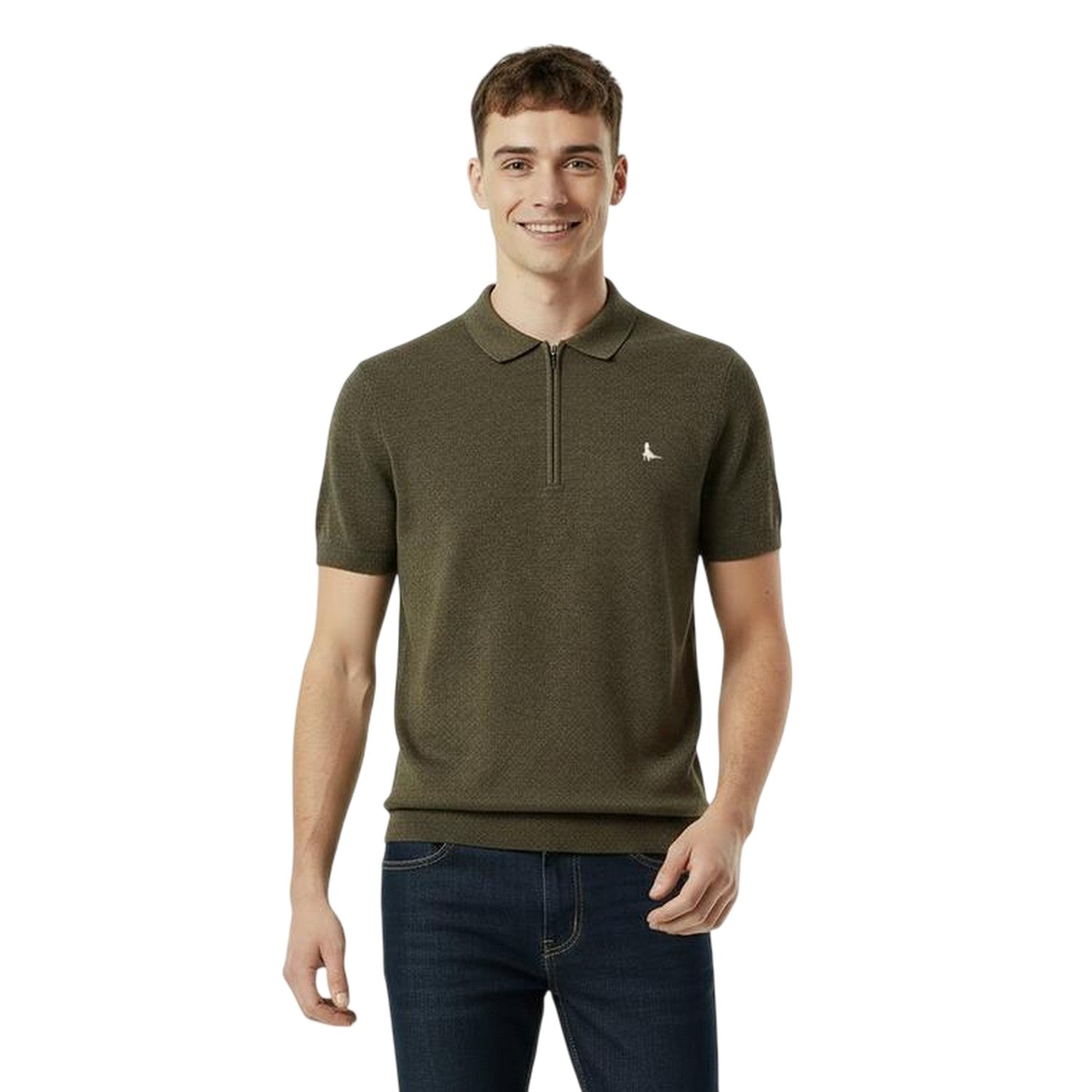 Iron-Khaki - Side - Jack Wills Mens Knitted Quarter Zip Polo Shirt