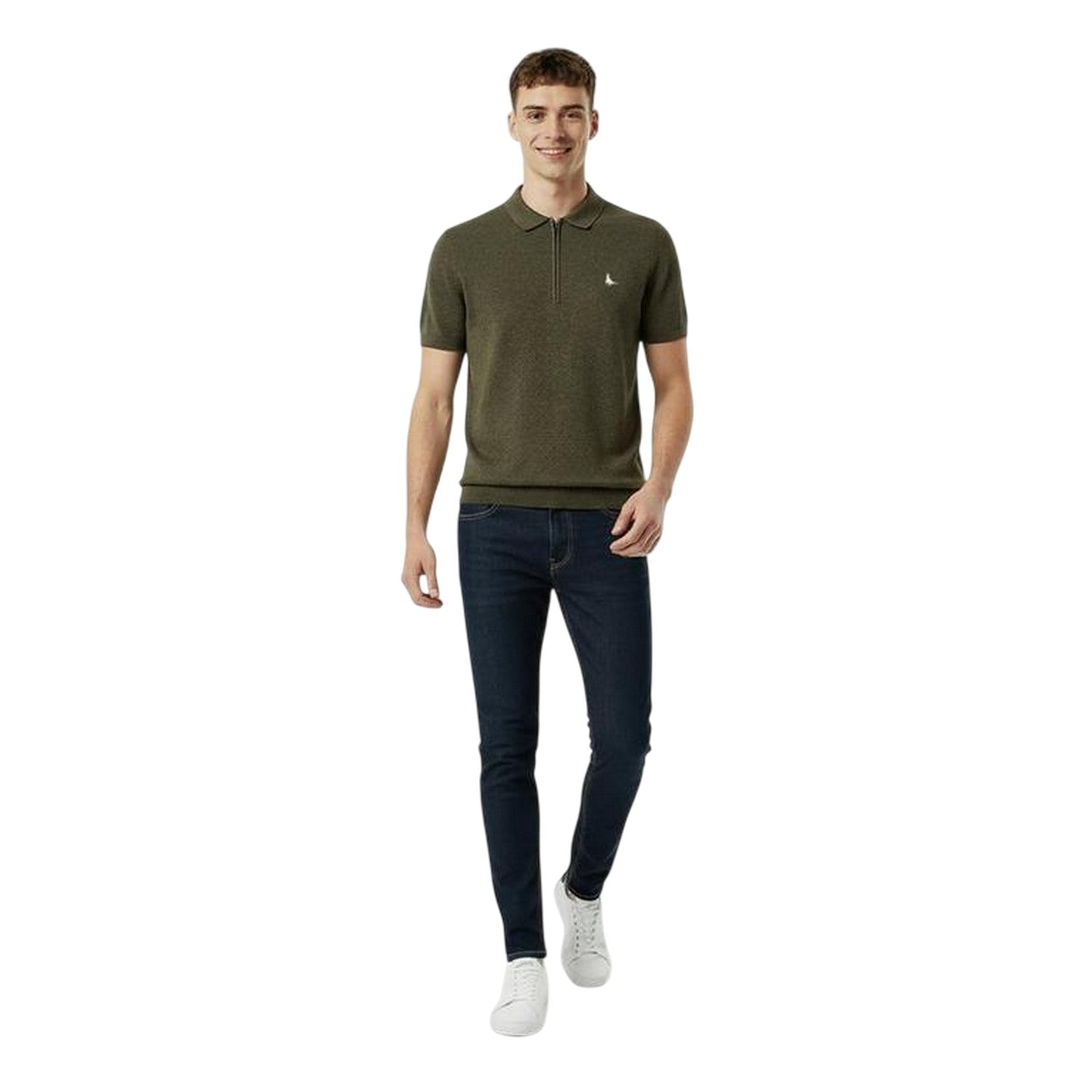 Iron-Khaki - Pack Shot - Jack Wills Mens Knitted Quarter Zip Polo Shirt