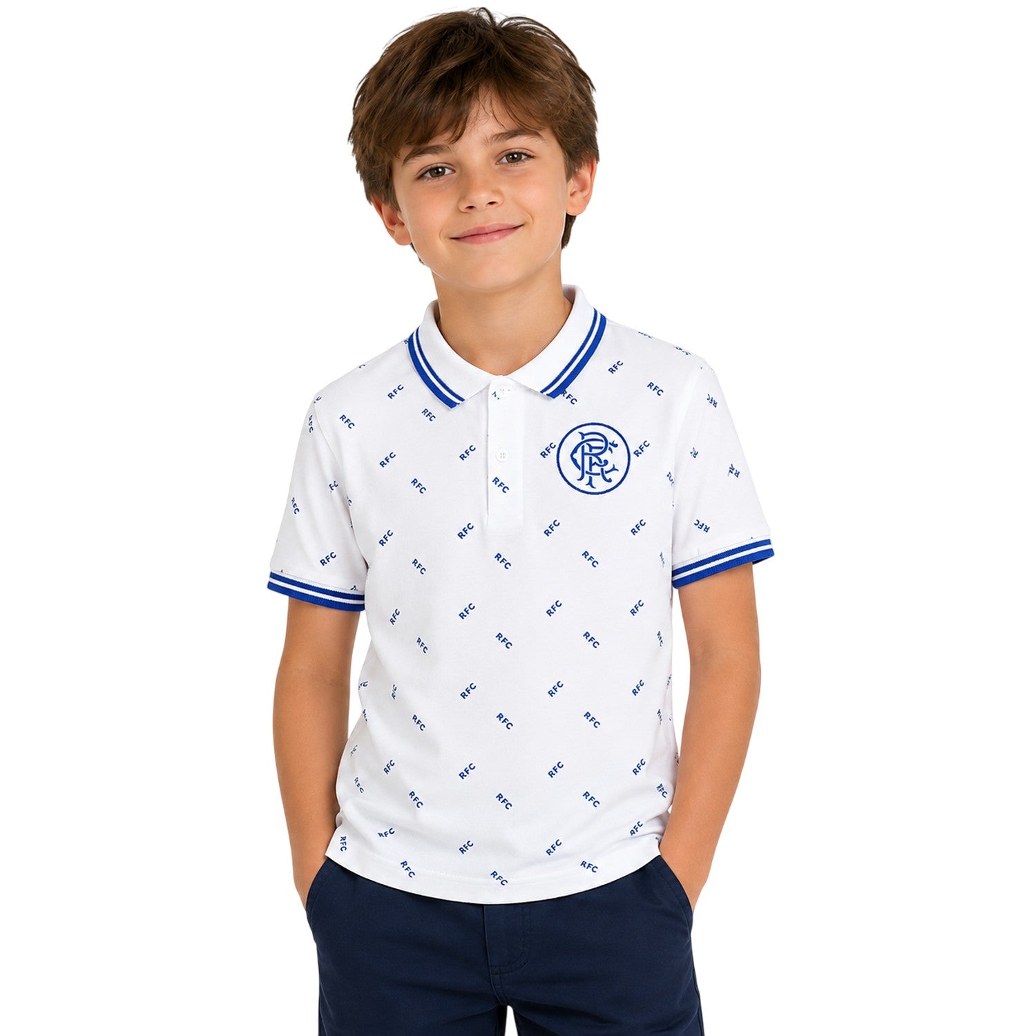 White - Lifestyle - Castore Childrens-Kids Rangers FC All-Over Print Polo Shirt