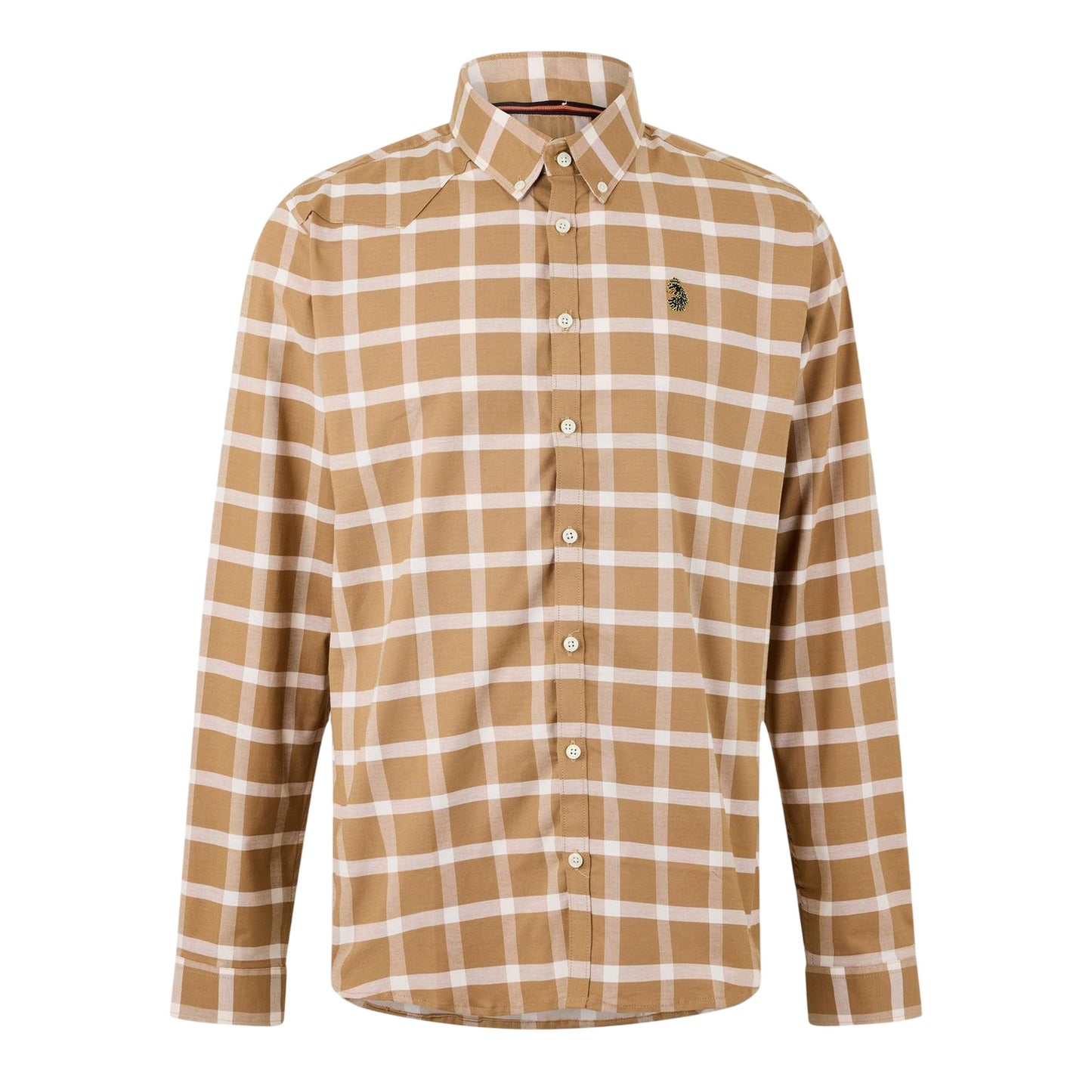 Ecru-Caramel - Front - Luke 1977 Mens Checked Oxford Long-Sleeved Shirt