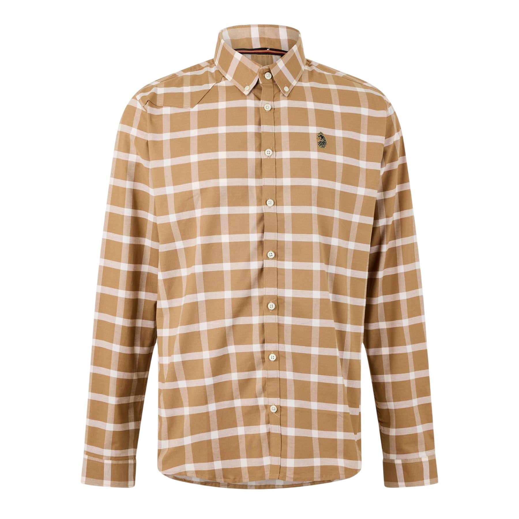 Ecru-Caramel - Front - Luke 1977 Mens Checked Oxford Long-Sleeved Shirt
