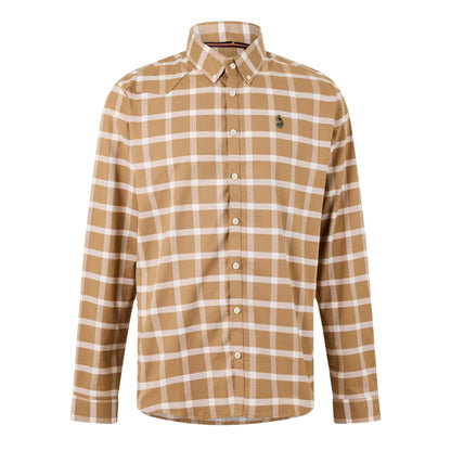 Ecru-Caramel - Front - Luke 1977 Mens Checked Oxford Long-Sleeved Shirt