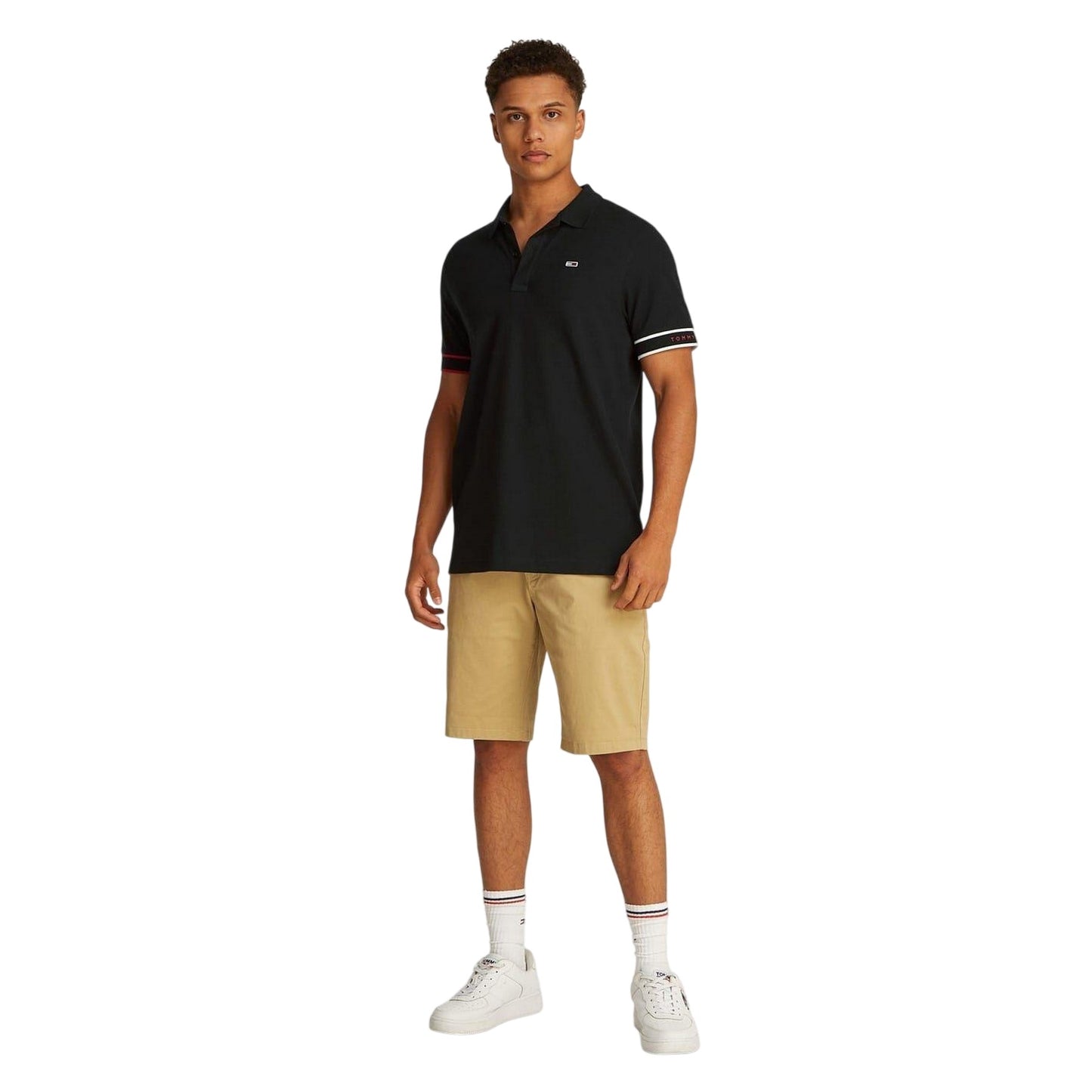 Black - Side - Tommy Jeans Mens Graphic Slim Short-Sleeved Polo Shirt