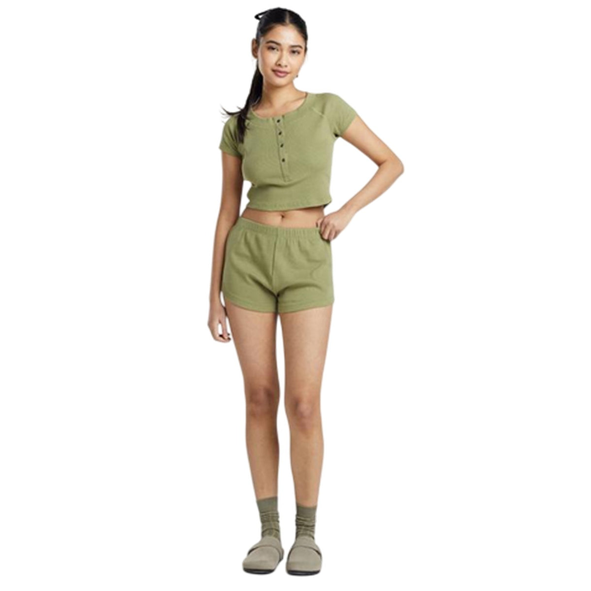 Khaki Green - Lifestyle - Brave Soul Womens-Ladies Plain Rib Knit Loungewear Set