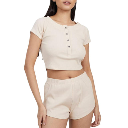 Oatmeal - Front - Brave Soul Womens-Ladies Plain Rib Knit Loungewear Set